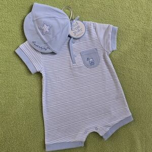 NWT 0-3M SWEET Baby BOY CREEPER + HAT Blue Striped Romper Set + TEDDY BEAR (Q3)